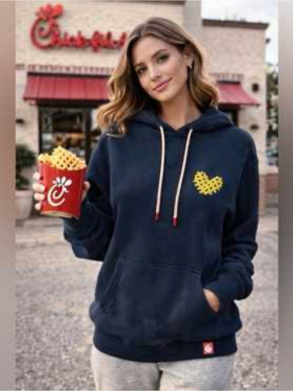 Chick Fil A I Love Waffle Fries Hoodie Navy Blue Size Medium Sweatshirt